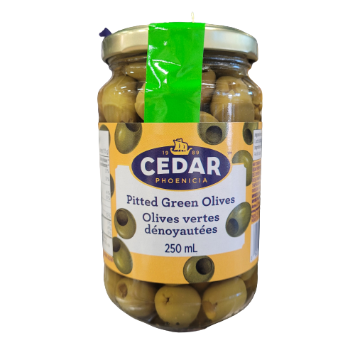 CEDAR PITTED GREEN OLIVES 250ML