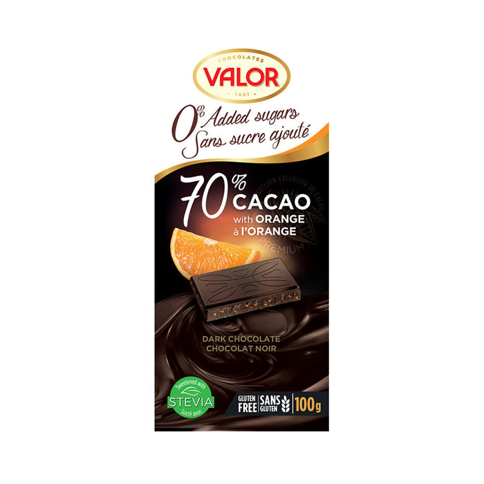 VALOR STEVIA NO SUGAR 70% CACAO WITH ORANGE 100G