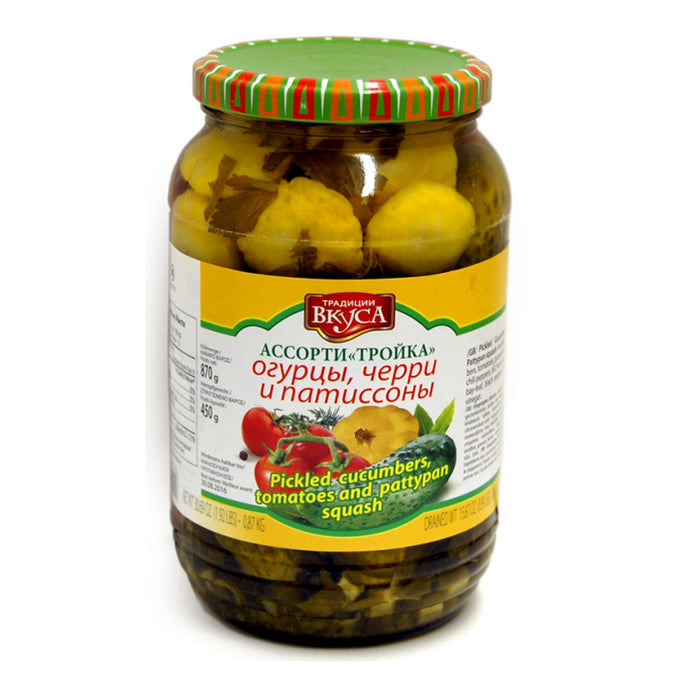 TRADITSII VKUSA PICKLED TOMATOES AND CUCUMBERS WITH SQUASH 870G