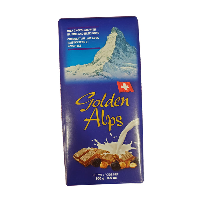 GOLDEN ALPS MILK CHOCOLATE WITH RAISINS AND HAZELNUTS 100G