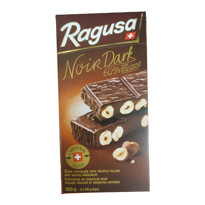 RAGUSA 100G 60% COCOA DARK CHOCOLATE WITH TRUFFLE FILLING AND WHOLE HAZELNUTS
