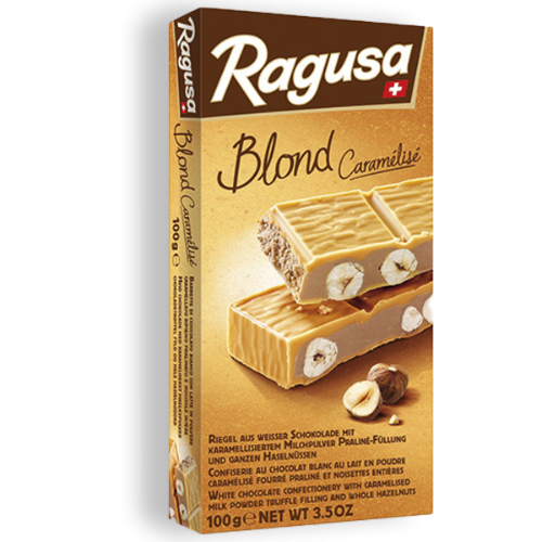 RAGUSA 100G BLOND CARAMELIZED CHOCOLATE WITH TRUFFLE FILLING AND WHOLE HAZELNUTS